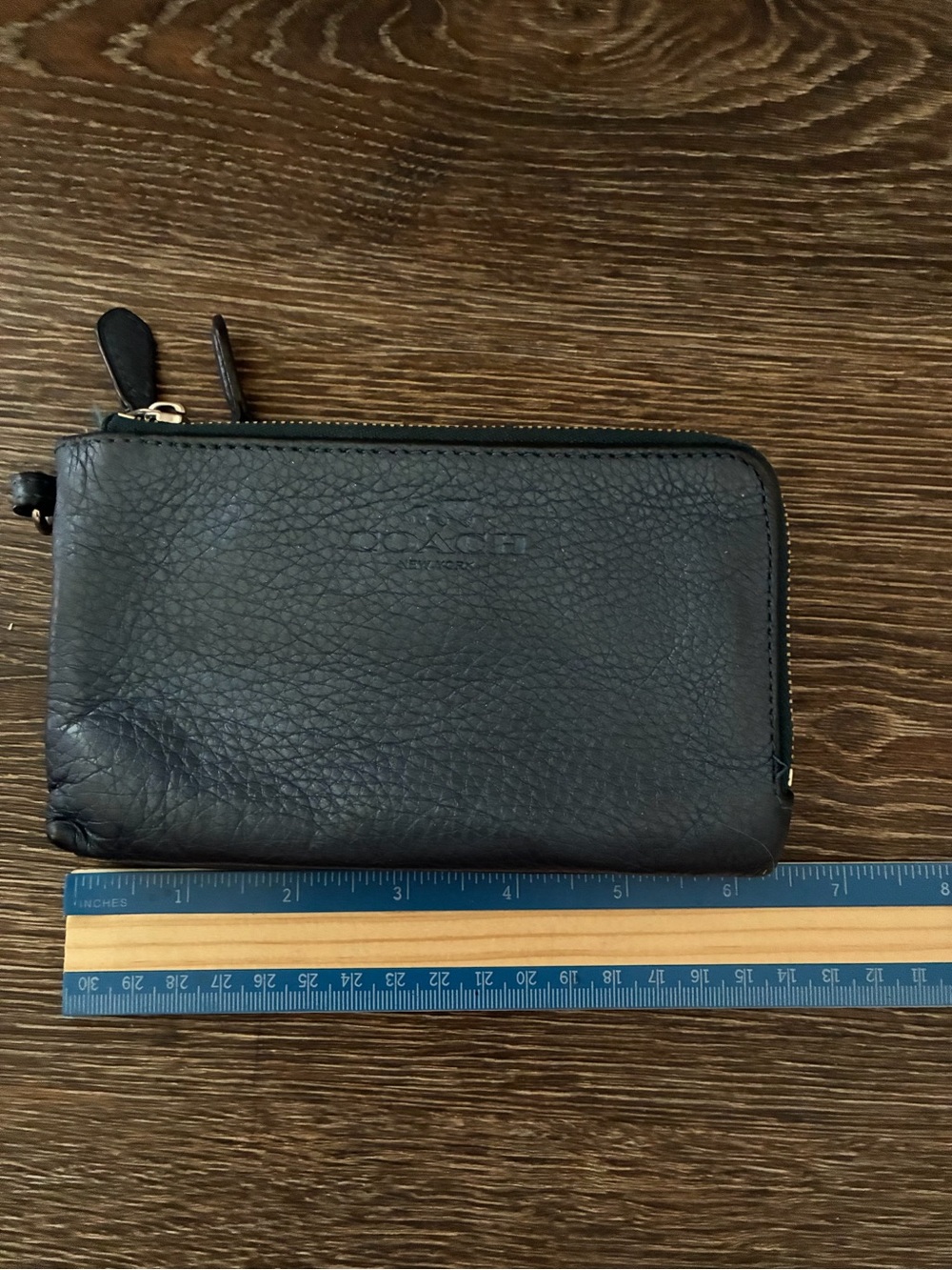 Navy blue Coach Black Pebbled Leather Zip Card Wallet with Wrist Strap